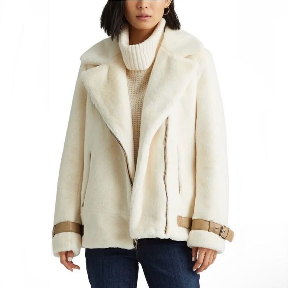 Lauren‎ Ralph Lauren Asymmetric Faux Fur Moto Coat Women Medium Cream Lined - Picture 2 of 12